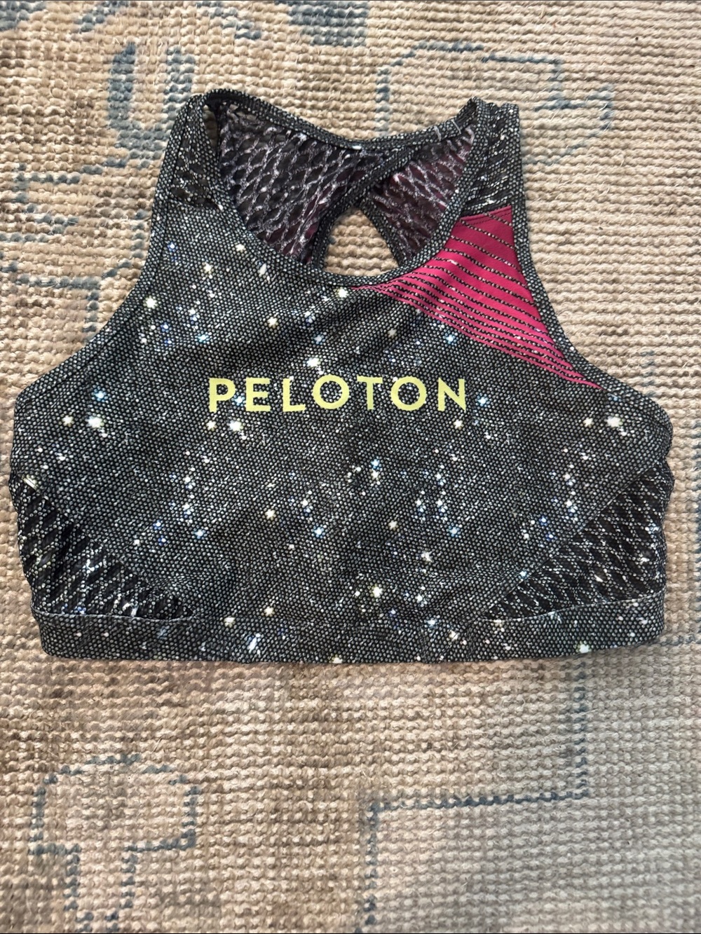 Peloton Black Speckled Sports Bra with Pink Shoulder Panel